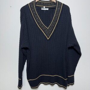 Preston & York Women Preppy Sweater 3X Black Gold Cable Knit Ivy League V-Neck